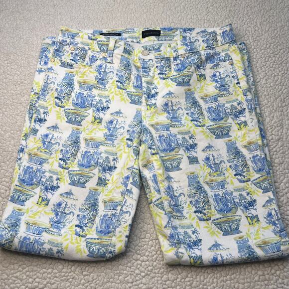 Talbots Slim Ankle Jean Blue Yellow Watercolor Vase Print Size 4 - Picture 2 of 12